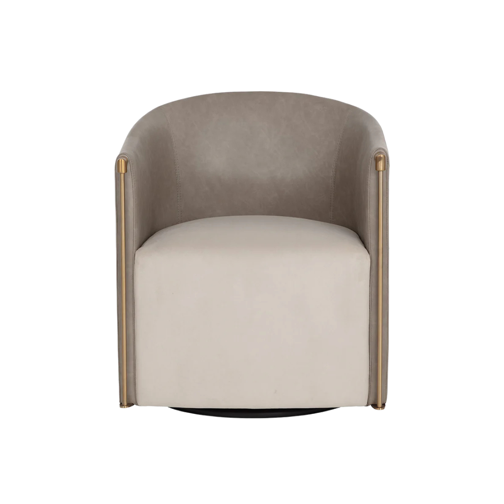 Fauteuil Lounge Pivotant en Simili Cuir Minéral et Tissu Taupe - Accoudoirs en Acier