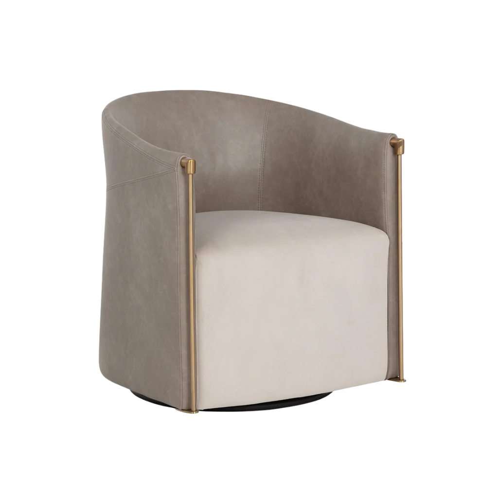Fauteuil Lounge Pivotant en Simili Cuir Minéral et Tissu Taupe - Accoudoirs en Acier