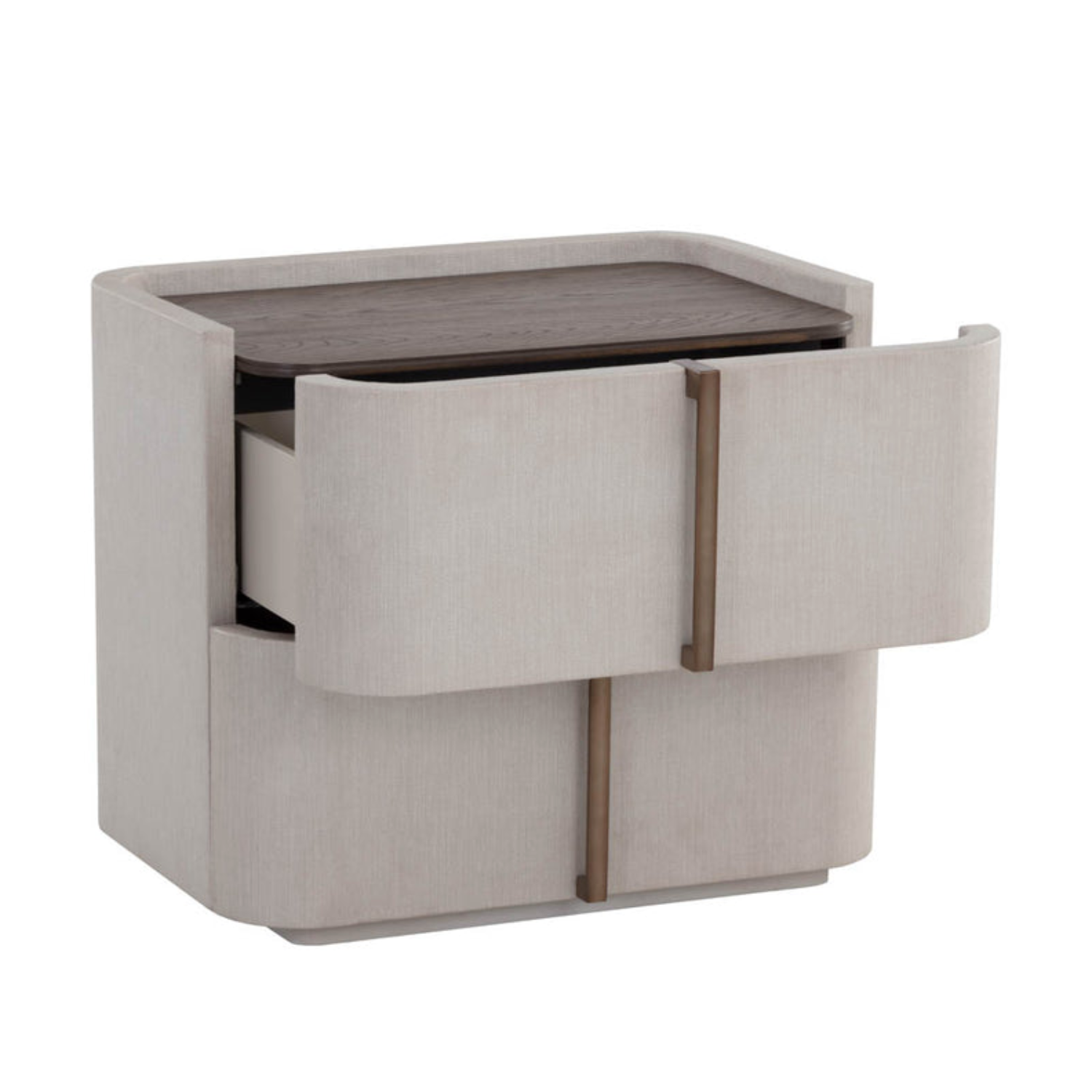 Table de chevet incurvée en similicuir crème – Dessus en placage de chêne, 2 tiroirs, base en acacia