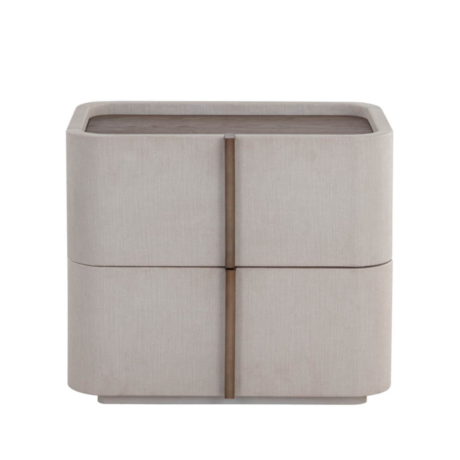 Table de chevet incurvée en similicuir crème – Dessus en placage de chêne, 2 tiroirs, base en acacia