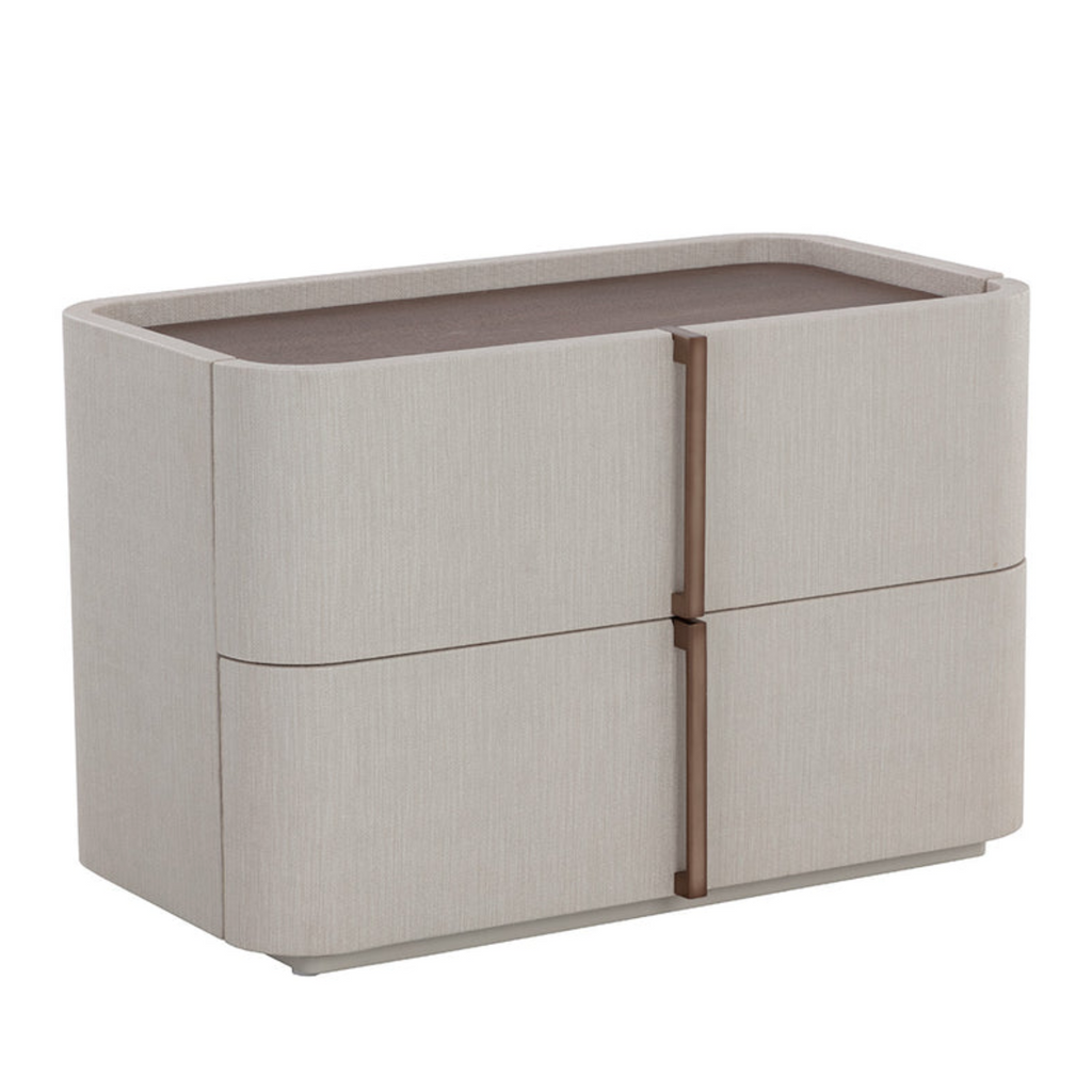 Table de chevet incurvée en similicuir crème – Dessus en placage de chêne, 2 tiroirs, base en acacia