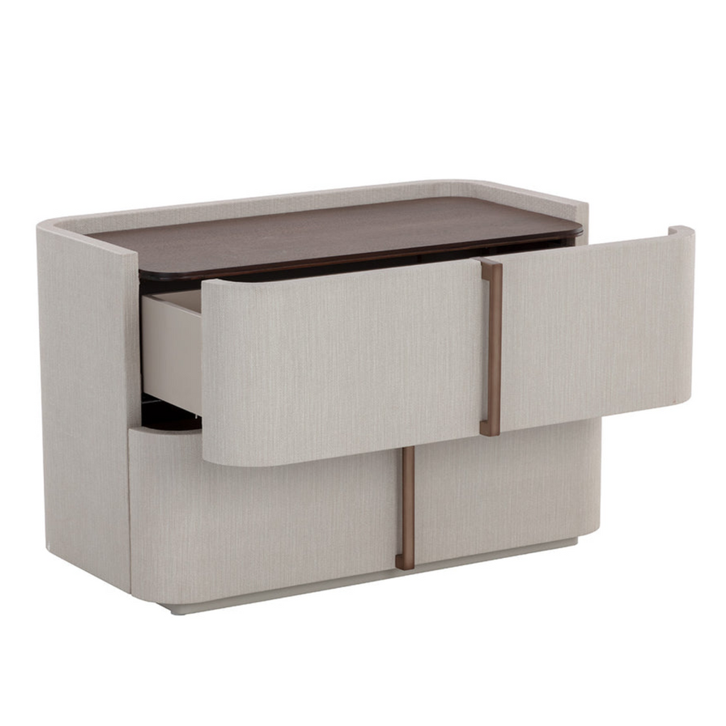 Table de chevet incurvée en similicuir crème – Dessus en placage de chêne, 2 tiroirs, base en acacia
