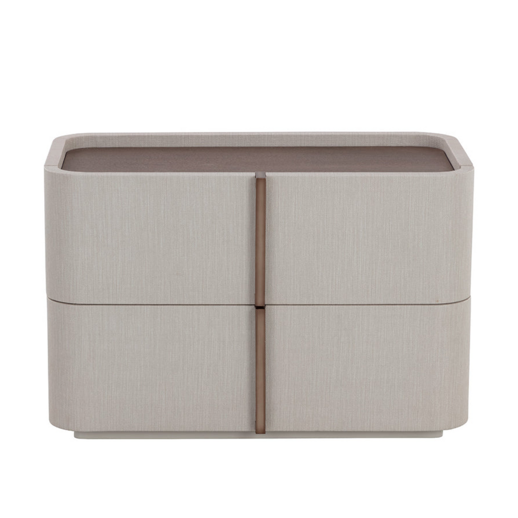 Table de chevet incurvée en similicuir crème – Dessus en placage de chêne, 2 tiroirs, base en acacia