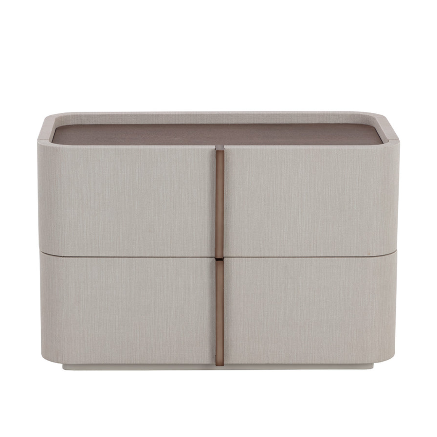 Table de chevet incurvée en similicuir crème – Dessus en placage de chêne, 2 tiroirs, base en acacia
