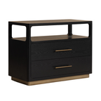 Table de chevet minimaliste en chêne noir - Étagère ouverte, 2 tiroirs à fermeture douce