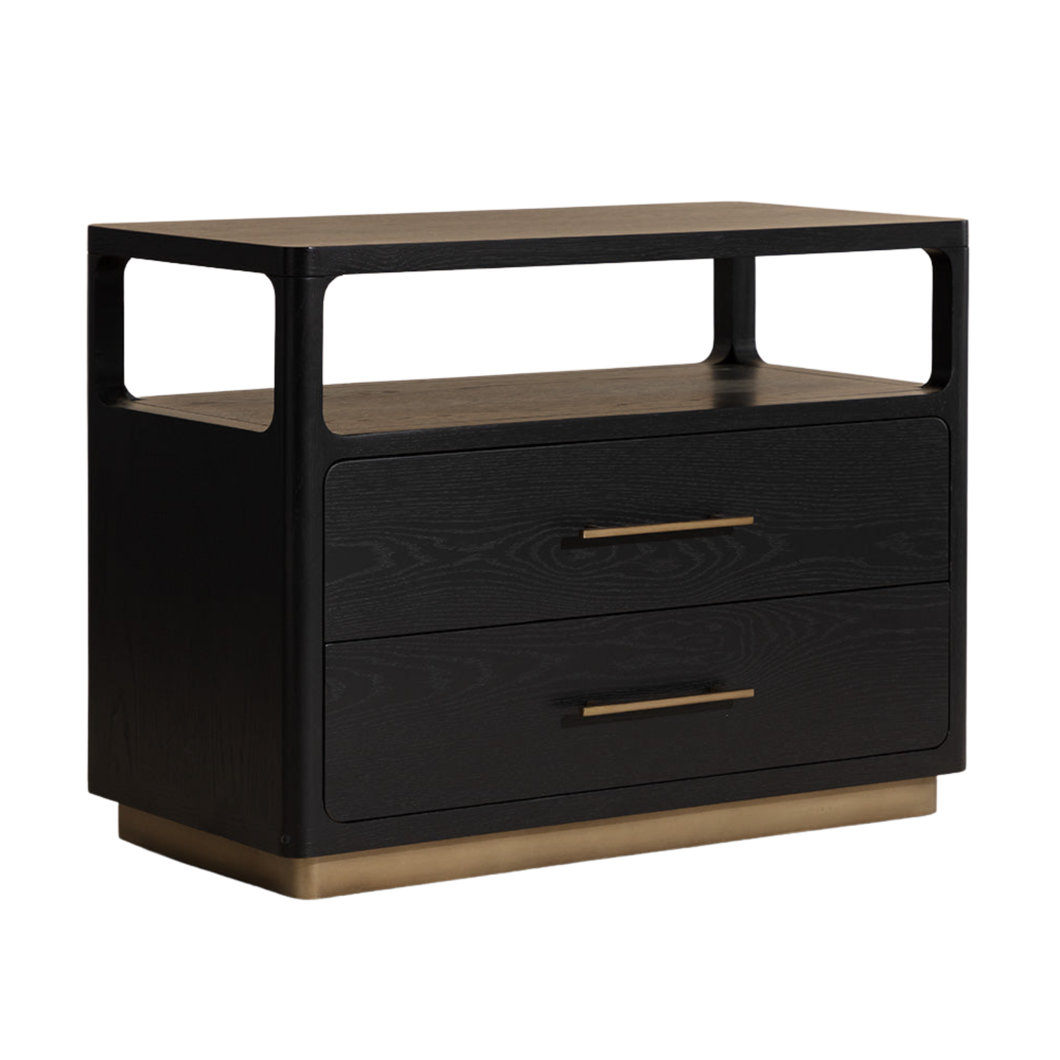Table de chevet minimaliste en chêne noir - Étagère ouverte, 2 tiroirs à fermeture douce