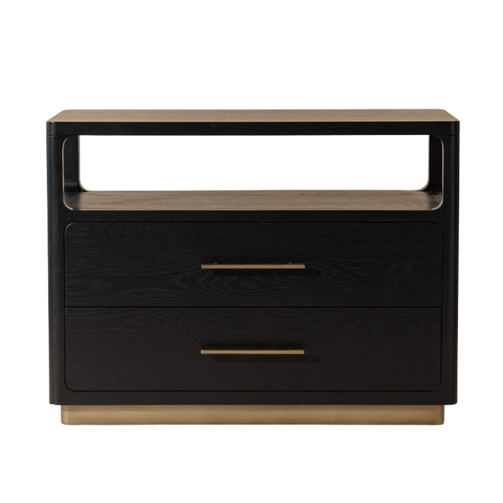 Table de chevet minimaliste en chêne noir - Étagère ouverte, 2 tiroirs à fermeture douce