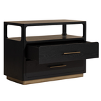 Table de chevet minimaliste en chêne noir - Étagère ouverte, 2 tiroirs à fermeture douce