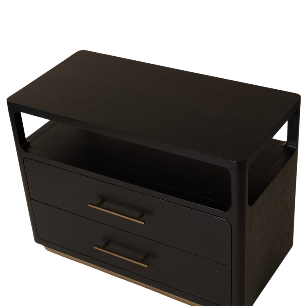 Table de chevet minimaliste en chêne noir - Étagère ouverte, 2 tiroirs à fermeture douce