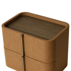Table de chevet incurvée en similicuir cognac - Plateau en placage de chêne, 2 tiroirs, base en acacia