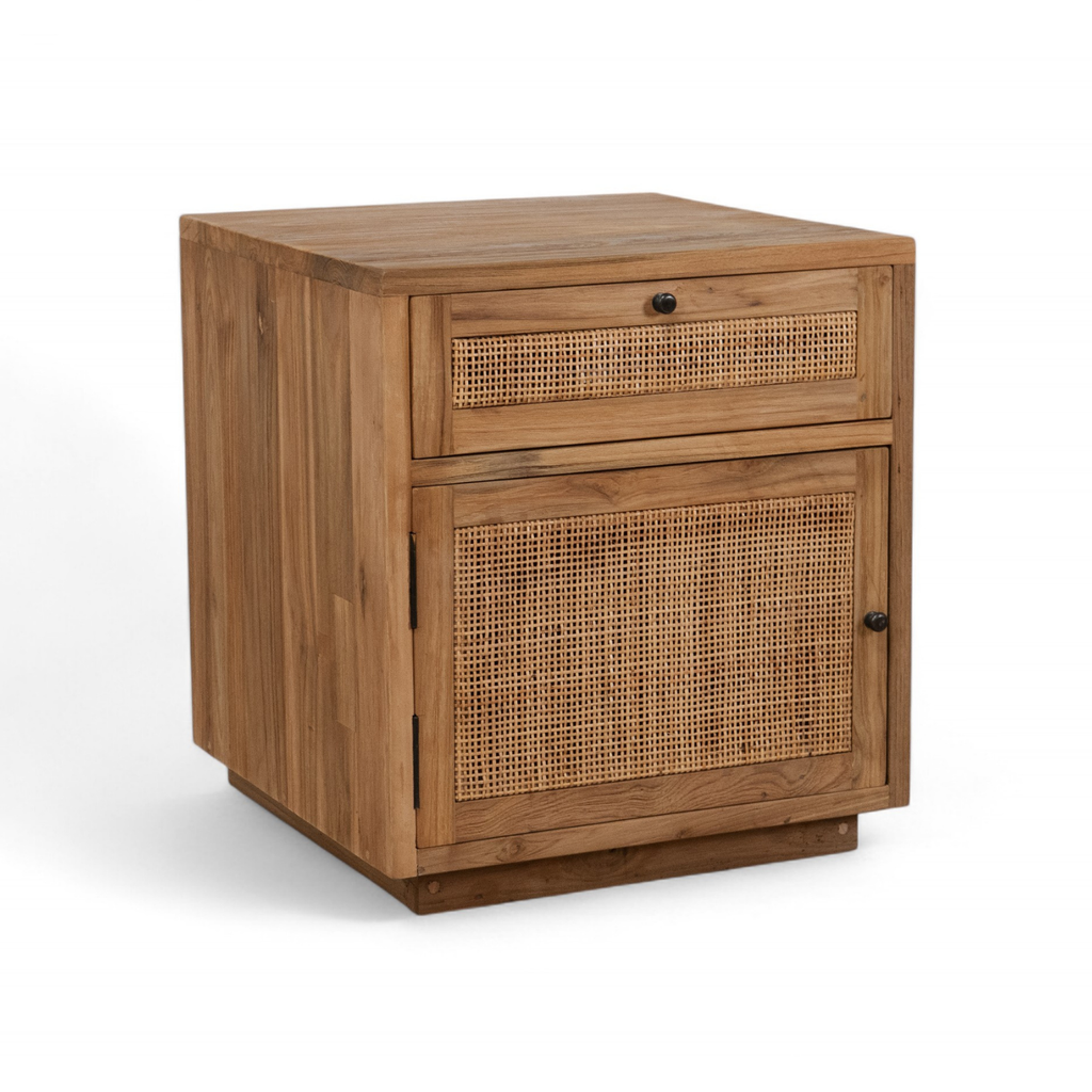 Table d'appoint en teck recyclé - Tiroir en cannage, poignées en métal noir, caractère rustique