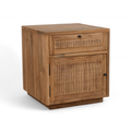 Table d'appoint en teck recyclé - Tiroir en cannage, poignées en métal noir, caractère rustique