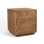 Table d'appoint en teck recyclé - Tiroir en cannage, poignées en métal noir, caractère rustique