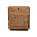 Table d'appoint en teck recyclé - Tiroir en cannage, poignées en métal noir, caractère rustique