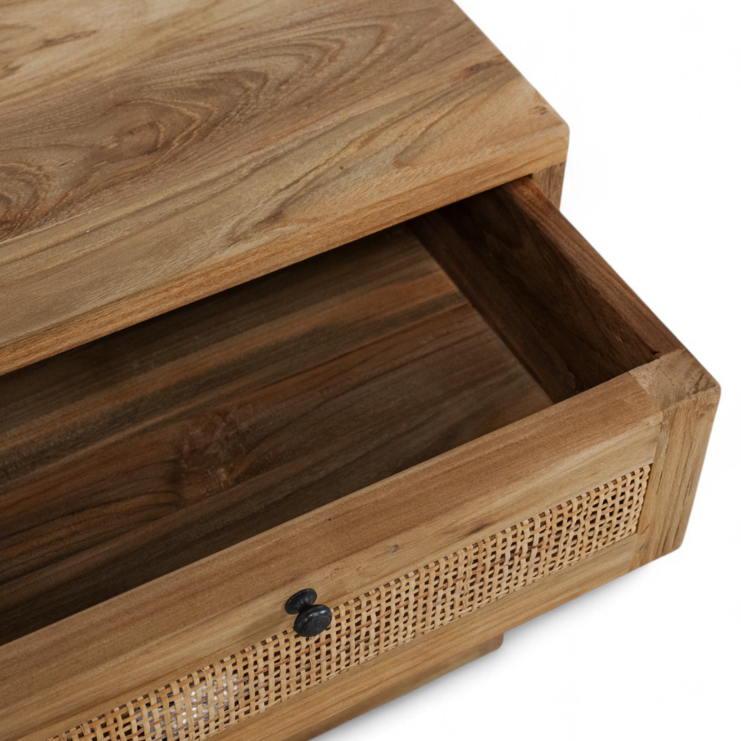Table d'appoint en teck recyclé - Tiroir en cannage, poignées en métal noir, caractère rustique
