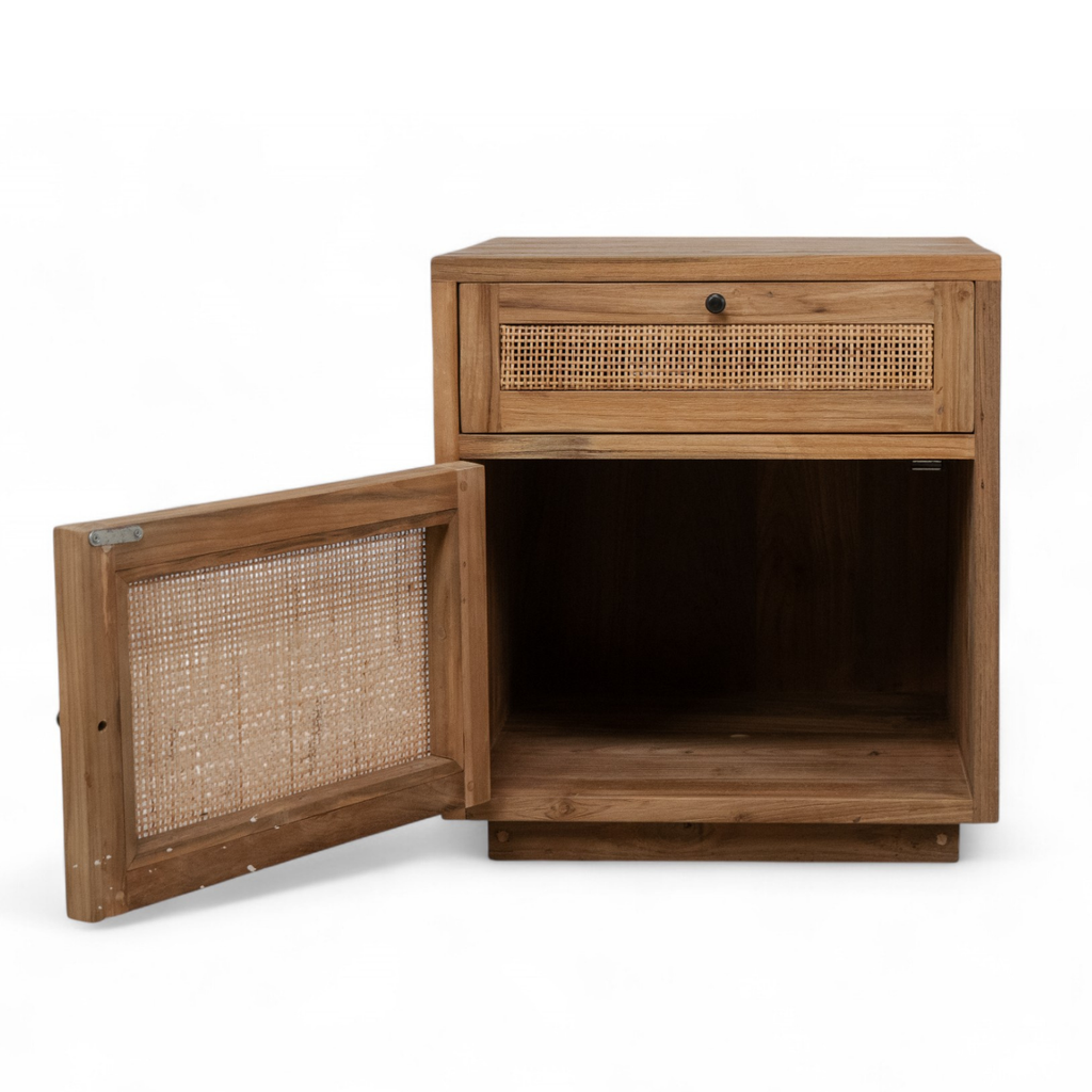 Table d'appoint en teck recyclé - Tiroir en cannage, poignées en métal noir, caractère rustique