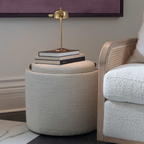 Pouf de rangement en bouclette perlée – Accents en cuir, couvercle plateau en bois, intérieur doublé
