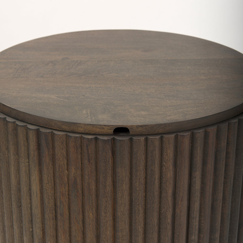 Table d'appoint en bois de manguier massif brun expresso - Base cannelée, couvercle amovible