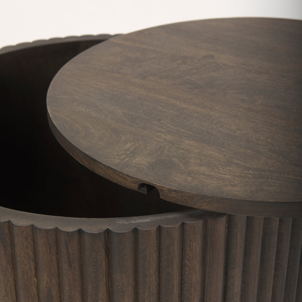Table d'appoint en bois de manguier massif brun expresso - Base cannelée, couvercle amovible